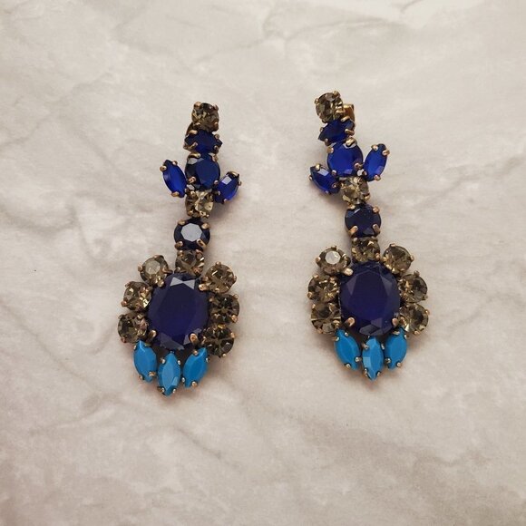 💖 J.Crew Blue Grey Rhinestones Crystals Cluster Statement Drop Dangle Earrings - Picture 1 of 9